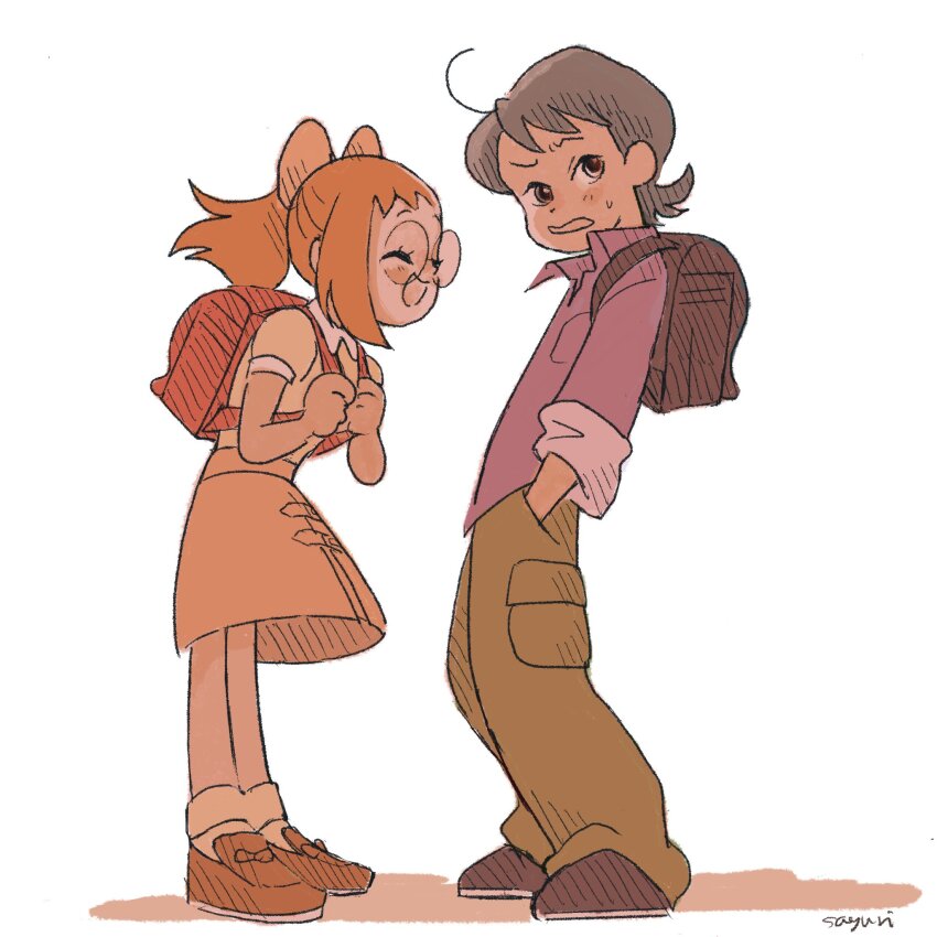 1boy, 1girl, backpack, bag, blush, bow, brown_footwear, brown_hair