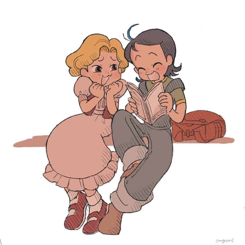 2girls, ahoge, backpack, bag, blonde_hair, blue_hair, blue_pants, blush, book, brown_footwear, closed_eyes, dress, full_body, highres, holding, holding_book, looking_at_another, multiple_girls, ojamajo_doremi, open_mouth, pants, reading, red_footwear, sasai_sayuri, senoo_aiko, shirt, shoes, short_hair, short_sleeves, simple_background, sitting, smile, white_background, white_dress, yokokawa_nobuko