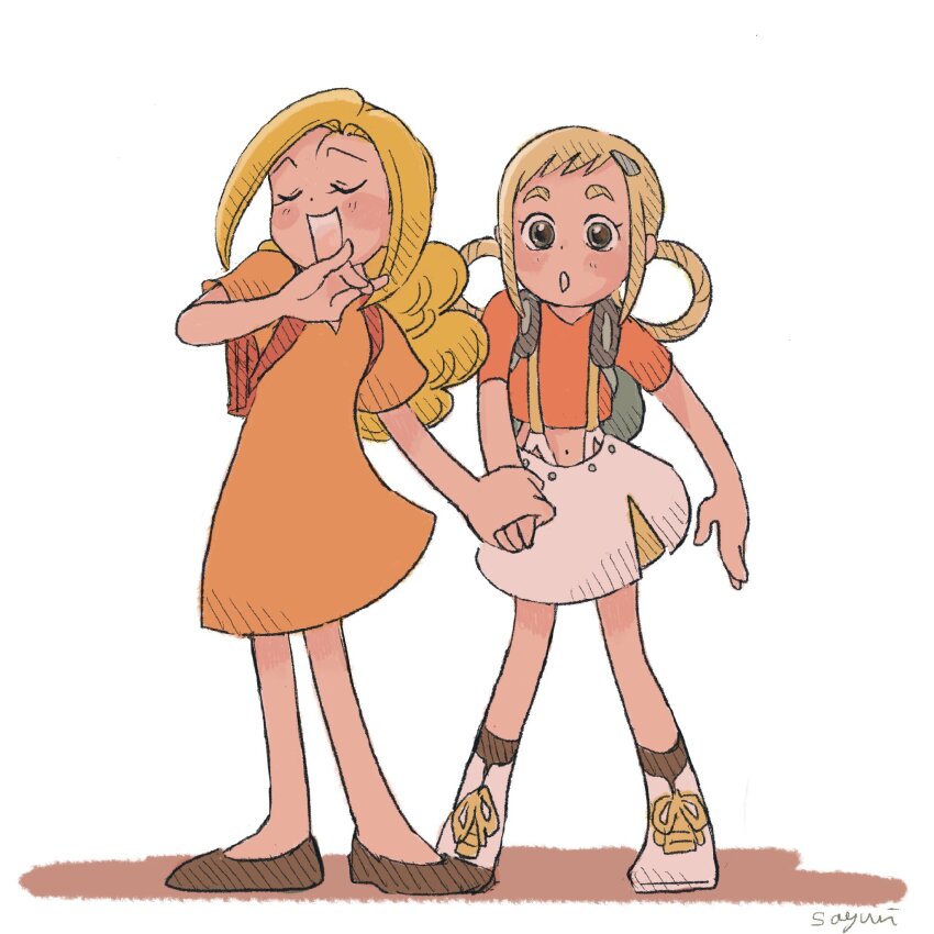 2girls, asuka_momoko, backpack, bag, blonde_hair, blush, brown_footwear, closed_eyes, covering_own_mouth, dress, full_body, green_eyes, hand_over_own_mouth, highres, holding_hands, laughing, long_hair, multiple_girls, ojamajo_doremi, open_mouth, orange_dress, sasai_sayuri, shirt, shoes, short_sleeves, simple_background, skirt, smile, standing, suspender_skirt, suspenders, tamaki_reika, white_background, white_footwear, white_skirt