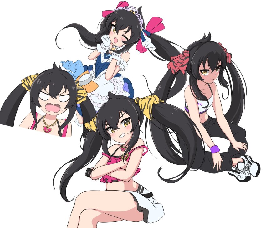 animal_print, black_hair, black_pants, blank_eyes, blush, botda, clenched_hands, collarbone, commentary_request, crop_top, crossed_arms, crossed_legs, dress, gloves, hair_ribbon, hands_up, heart, heart_necklace, highres, holding, holding_phone, idolmaster, idolmaster_cinderella_girls, idolmaster_cinderella_girls_u149, invisible_chair, jewelry, legs, long_hair, looking_at_viewer, matoba_risa, midriff, multiple_views, navel, necklace, one_eye_closed, open_mouth, pants, phone, pink_shirt, ribbon, shirt, sidelocks, sideways_glance, sitting, skirt, smile, sportswear, starry_sky_bright_(idolmaster), strap_slip, strapless, strapless_dress, sweat, thighs, tiara, twintails, upper_body, v-shaped_eyebrows, white_background, white_dress, white_footwear, white_gloves, white_shirt, white_skirt, yellow_eyes