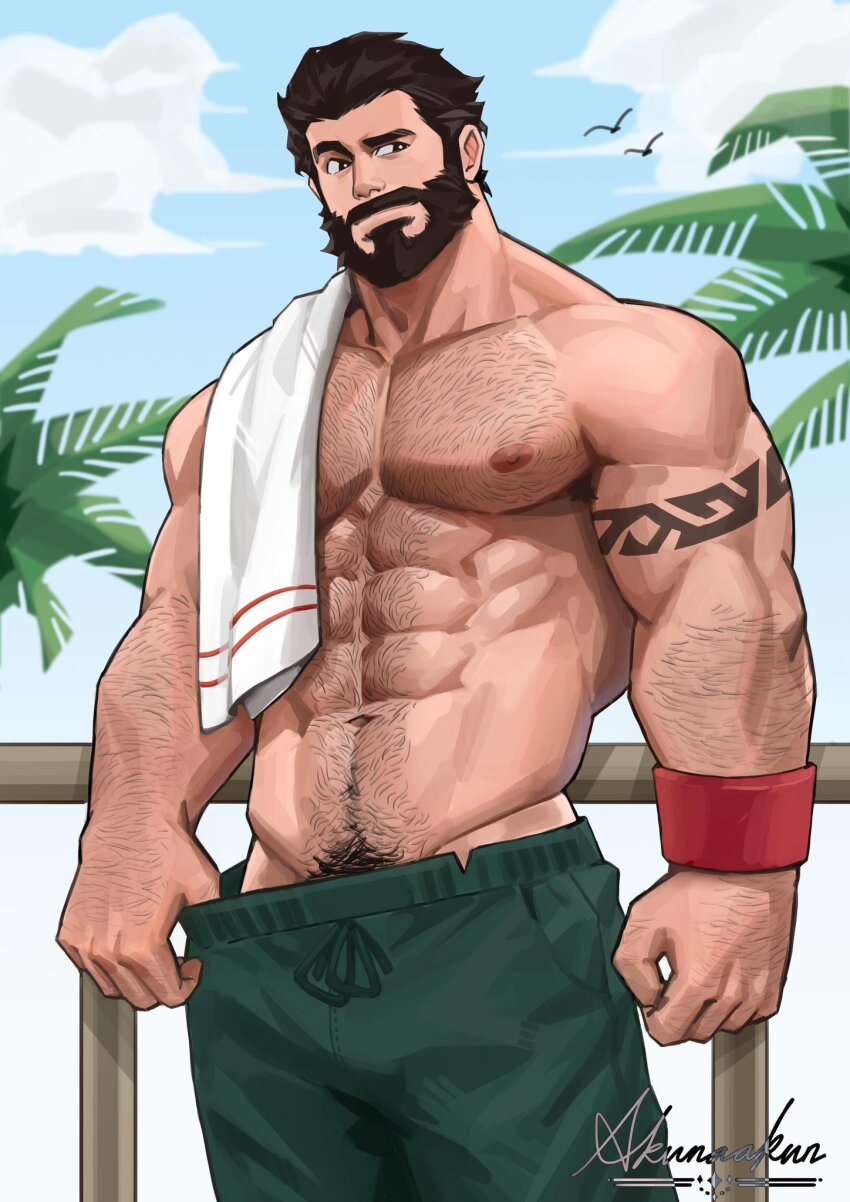 1boy, abs, akunaakun_(kunkun586586), arm_hair, arm_tattoo, artist_name, bara, beard