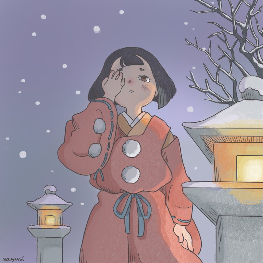 1girl, bare_tree, biwa_(heike_monogatari), black_hair, blue_ribbon, blunt_bangs, brown_eyes, hand_up