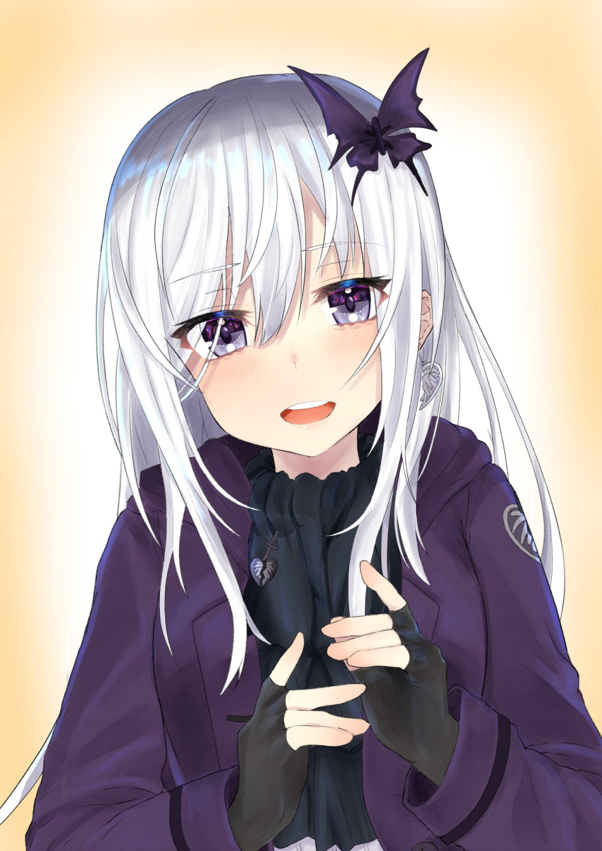 1girl, agata_(yfw1110), ascot, black_ascot, black_gloves, broken_heart, butterfly_hair_ornament, commentary_request