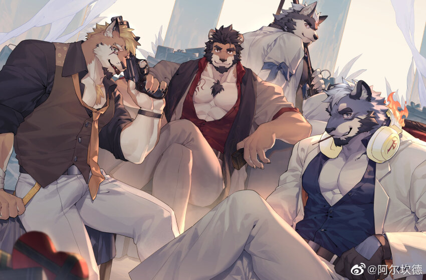 4boys, abs, alca_(wakatanka4), alca_the_lion, animal_ears, bara, beard, beenic
