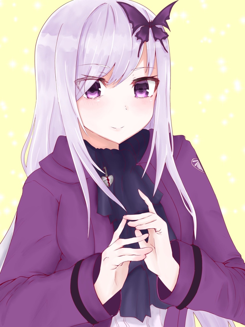 1girl, agata_(yfw1110), ascot, black_ascot, butterfly_hair_ornament, closed_mouth, commentary, commentary_request