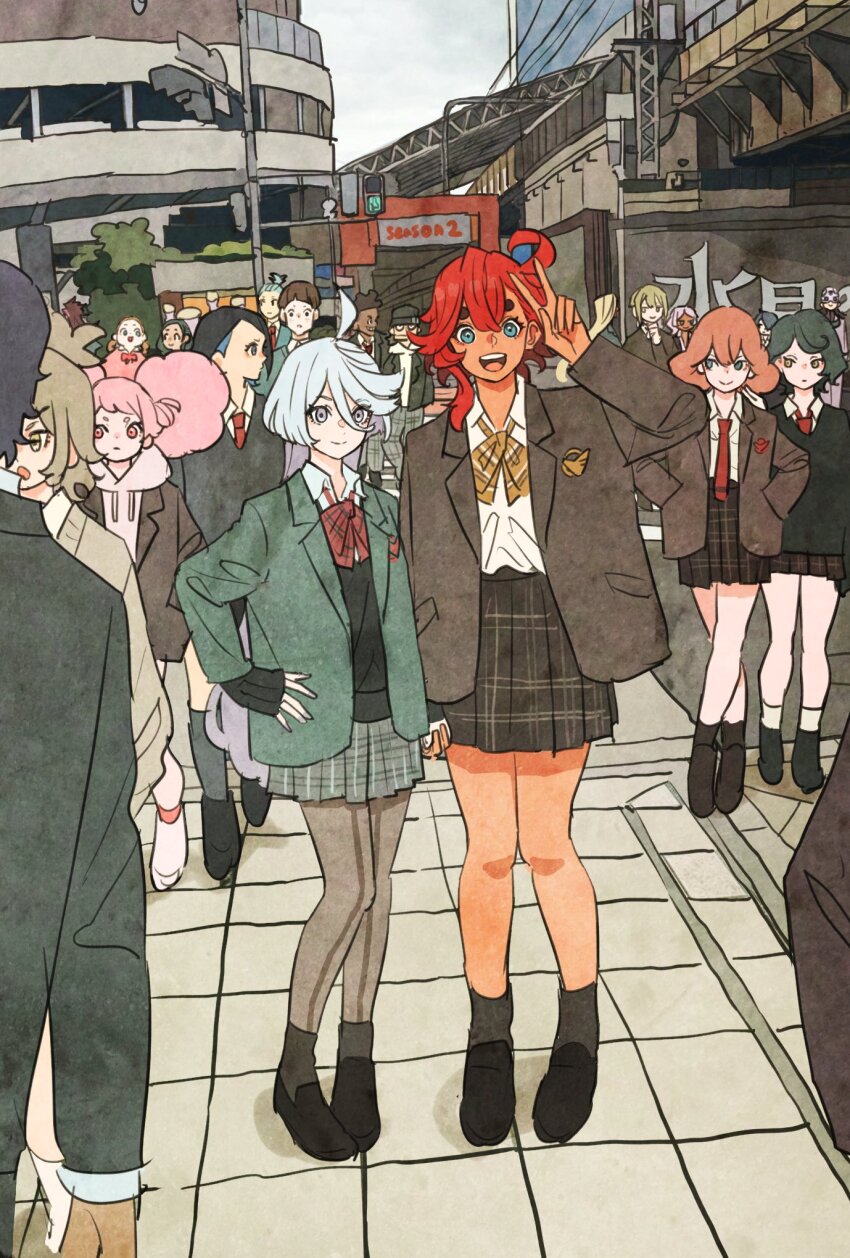 6+boys, 6+girls, aliya_mahvash, alternate_costume, casual, character_request, chuatury_panlunch, dark-skinned_female, dark-skinned_male, dark_skin, elan_ceres, felsi_rollo, guel_jeturk, gundam, gundam_suisei_no_majo, highres, holding_hands, lamppost, lauda_neill, lilique_kadoka_lipati, martin_upmont, miorine_rembran, multiple_boys, multiple_girls, nika_nanaura, norea_du_noc, nuno_kargan, ojelo_gabel, outdoors, pantyhose, pleated_skirt, prospera_mercury, road, rouji_chante, school_uniform, secelia_dote, shoes, skirt, socks, sophie_pulone, street, suletta_mercury, takeuchi_ryousuke, till_nys, traffic_light, v, yuri
