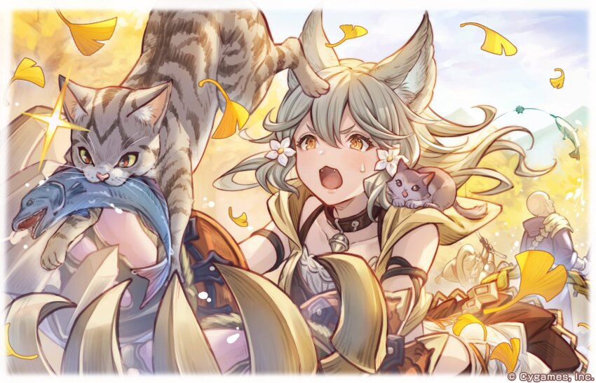 1girl, 2boys, animal, animal_collar, animal_ears, brown_eyes, cat, claw_(weapon)