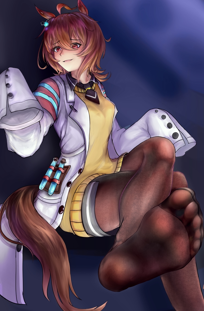 1girl, absurdres, agnes_tachyon_(tach-nology)_(umamusume), agnes_tachyon_(umamusume), animal_ears, brown_hair, bunny_211, crossed_legs