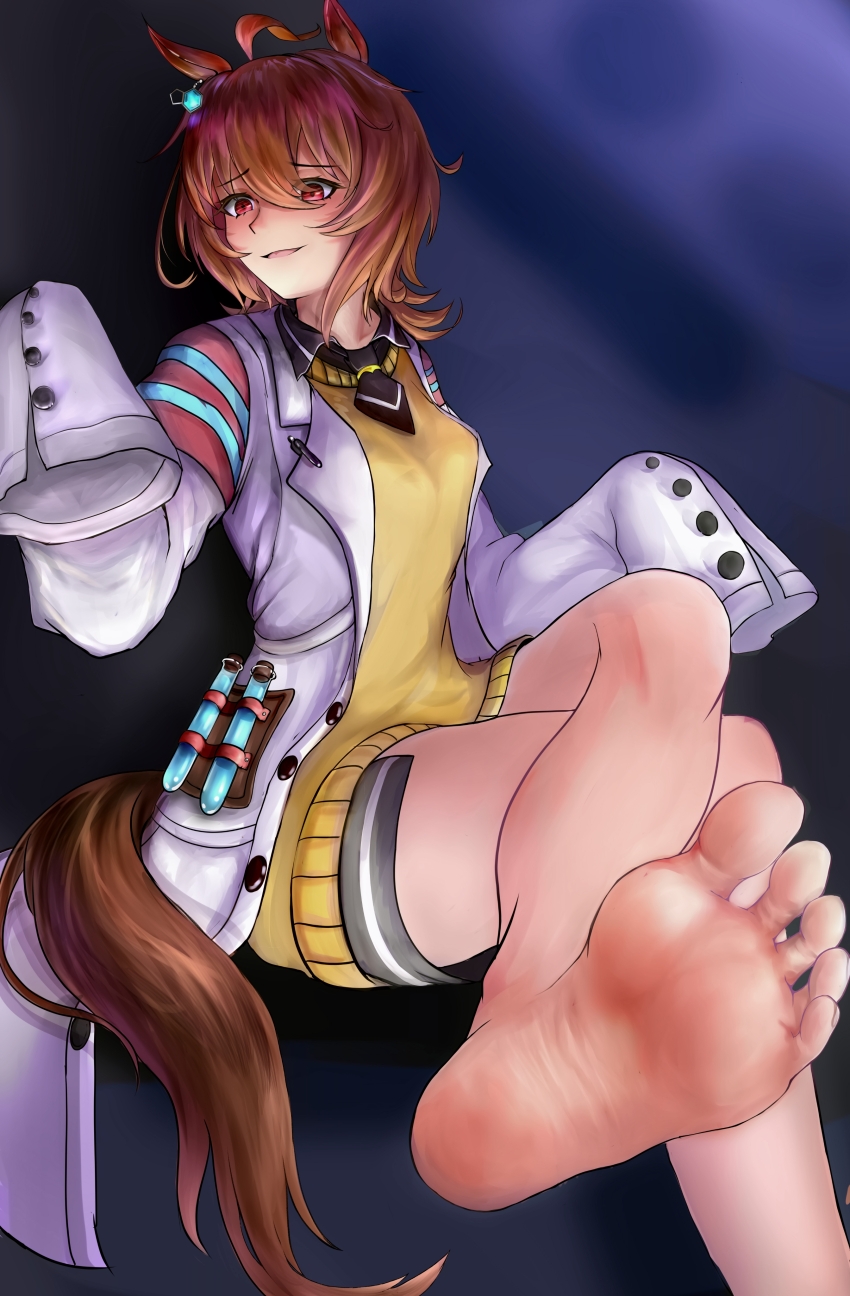 1girl, absurdres, agnes_tachyon_(tach-nology)_(umamusume), agnes_tachyon_(umamusume), animal_ears, barefoot, brown_hair, bunny_211