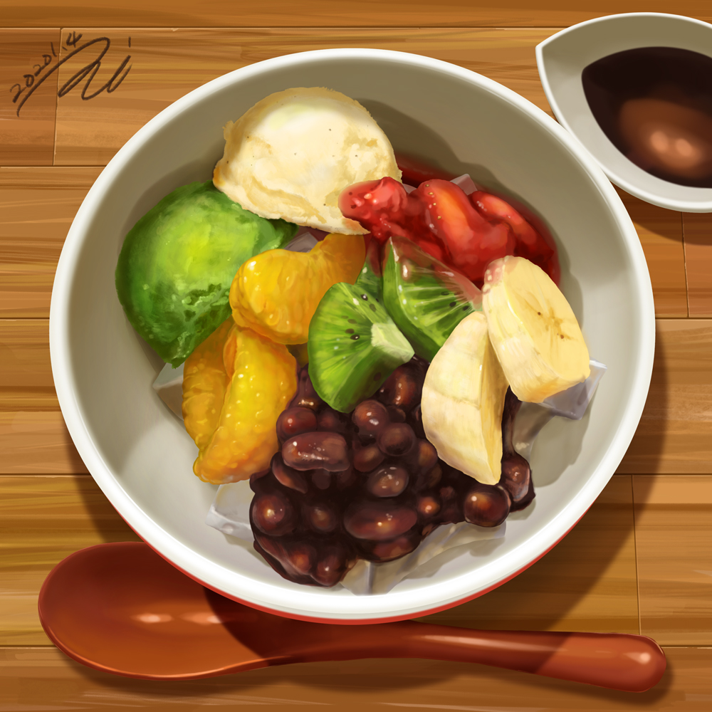 anmitsu_(dessert), banana, banana_slice, bowl, dated, dessert, food, food_focus