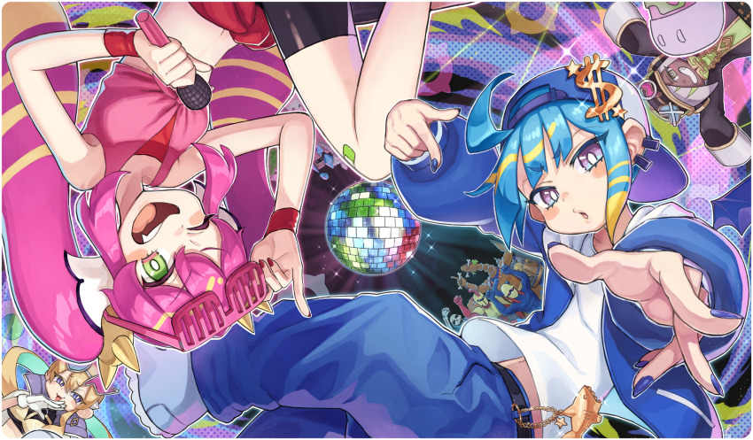 4girls, :o, ;d, adjusting_eyewear, arm_up, backwards_hat, bandaid, bandaid_on_leg