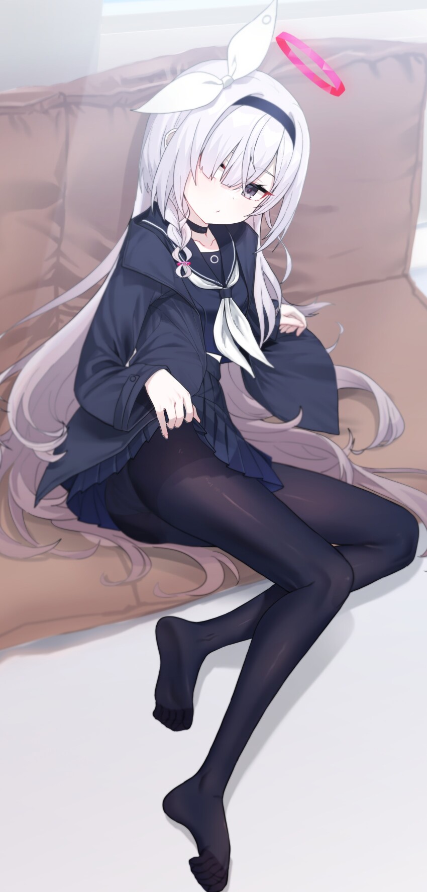 1girl, plana_(blue_archive), absurdres, black_choker, black_coat, black_eyes, black_hairband, black_pantyhose