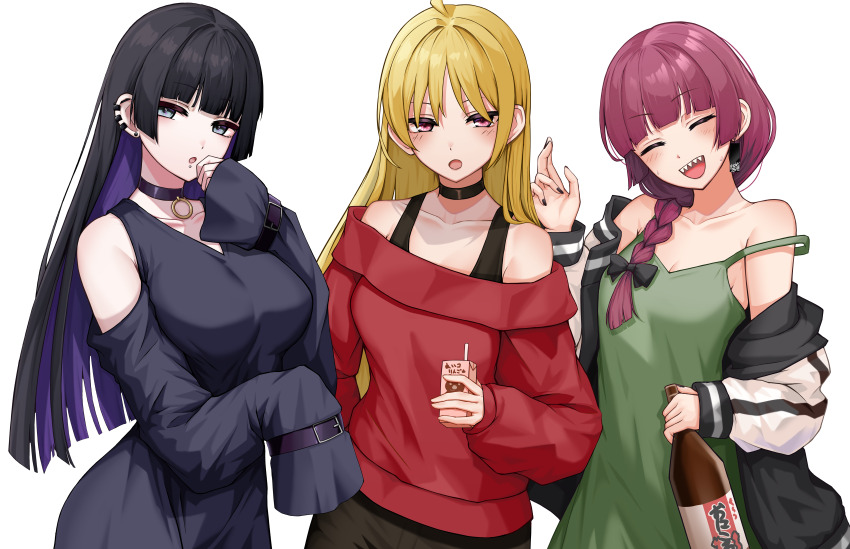 1girl, 3girls, absurdres, ahoge, bare_shoulders, black_choker, black_hair, blonde_hair
