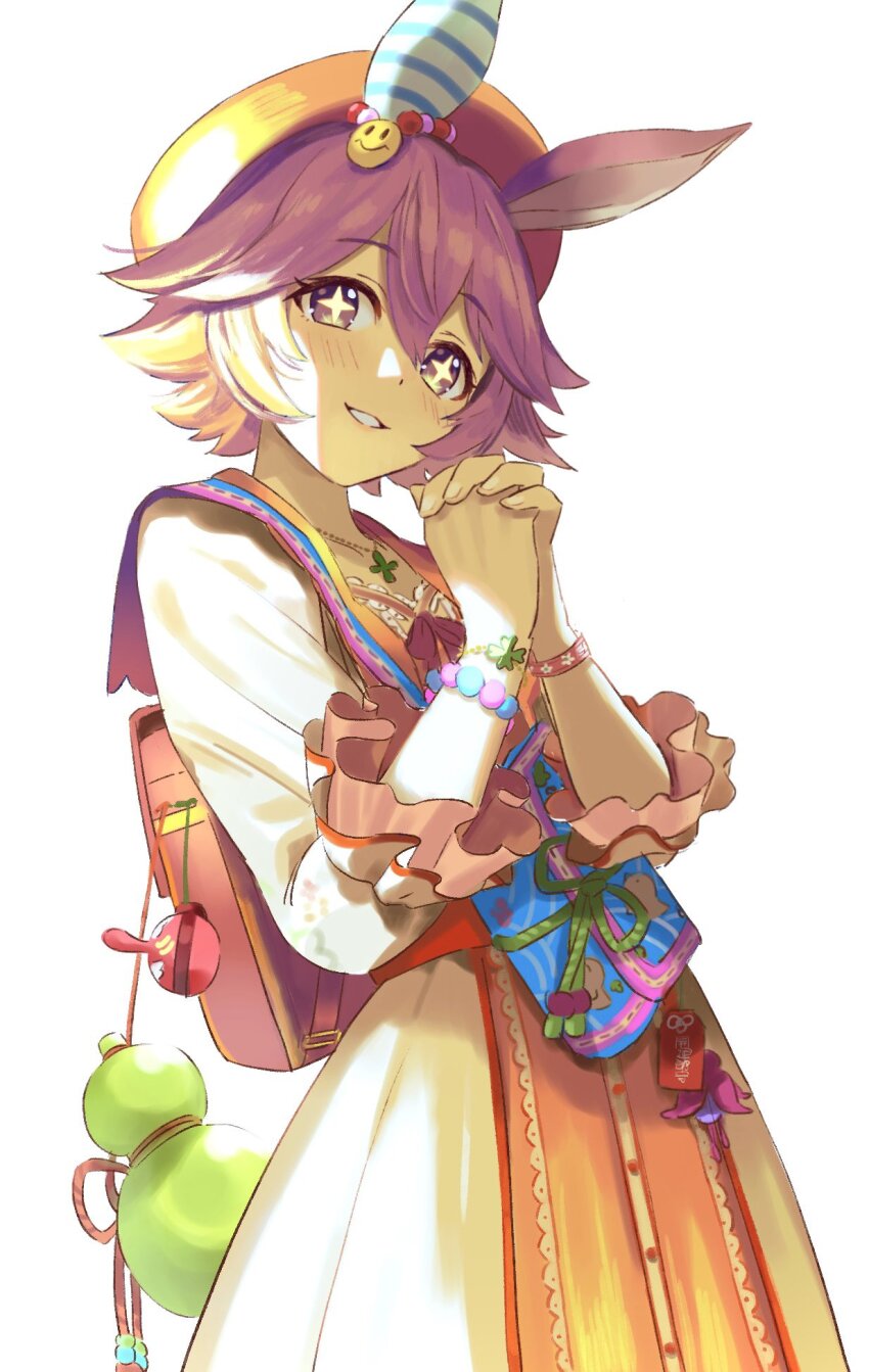 +_+, 1girl, animal_ears, backpack, bag, bead_bracelet, beads, beret