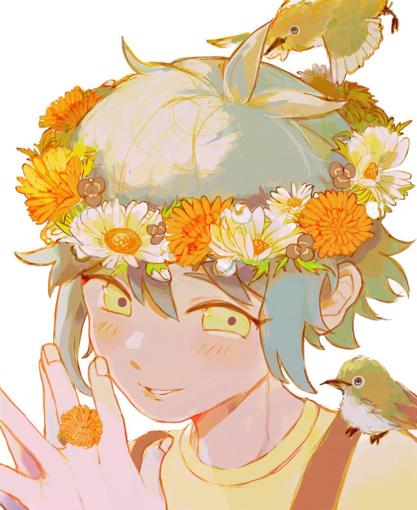 1boy, basil_(headspace)_(omori), basil_(omori), bird, blush, flower, green_eyes, green_hair