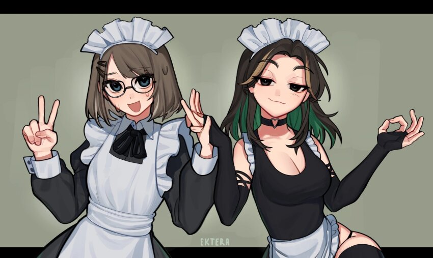 2girls, :3, artist_name, black-framed_eyewear, black_eyes, black_gloves, black_thighhighs, blonde_hair, blue_eyes, blush, breasts, brown_hair, choker, cleavage, ektera_dev, elbow_gloves, fingerless_gloves, glasses, gloves, green_hair, hair_ornament, hairclip, heart, heart_choker, highres, long_sleeves, maid, maid_headdress, medium_breasts, medium_hair, multicolored_hair, multiple_girls, open_mouth, original, short_hair, sleeveless, smile, thighhighs