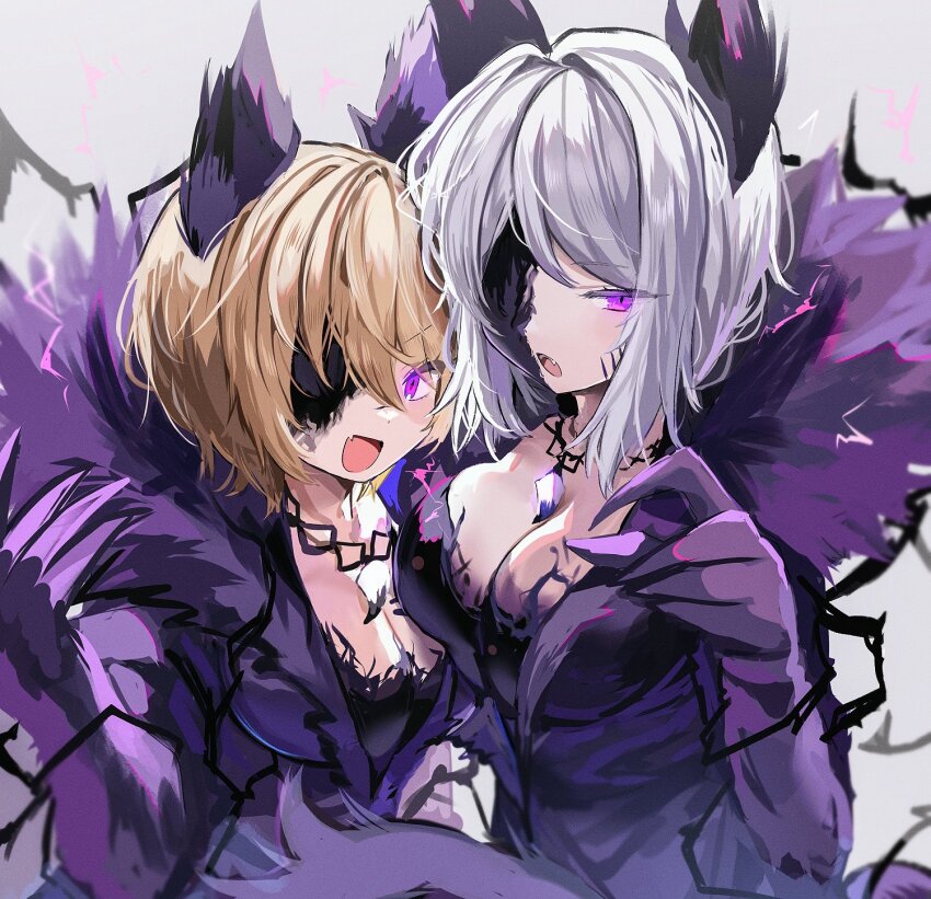 2girls, :d, animal_ears, blonde_hair, breasts, claws, cleavage, coat