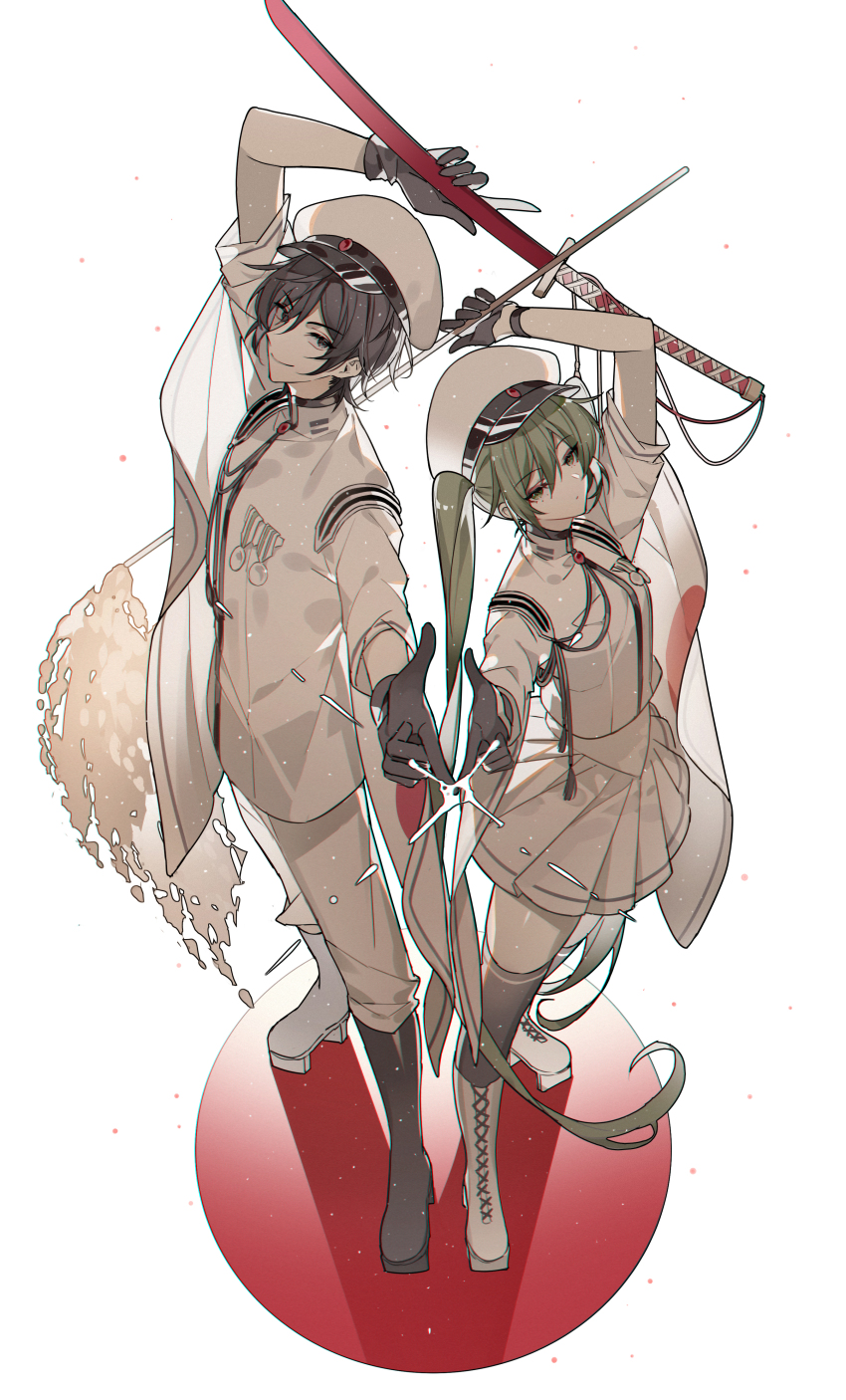 1boy, 1girl, absurdres, arm_up, back-to-back, black_gloves, blue_eyes, blue_hair, boots, brown_eyes, expressionless, gloves, green_hair, hair_between_eyes, hat, hatsune_miku, hatsune_miku_(ichi_no_sakura_shiro_oka), highres, holding, holding_sword, holding_weapon, japanese_clothes, japanese_flag, kaito_(rei_no_sakura_shirayuki)_(vocaloid), kaito_(vocaloid), katana, kazenemuri, long_hair, long_sleeves, looking_at_viewer, looking_up, military, military_hat, military_uniform, pants, pointing, project_diva_(series), senbon-zakura_(vocaloid), sheath, sheathed, shiny_skin, short_hair, simple_background, skirt, smile, standing, sword, thighhighs, twintails, very_long_hair, vocaloid, weapon, white_headwear, white_skirt