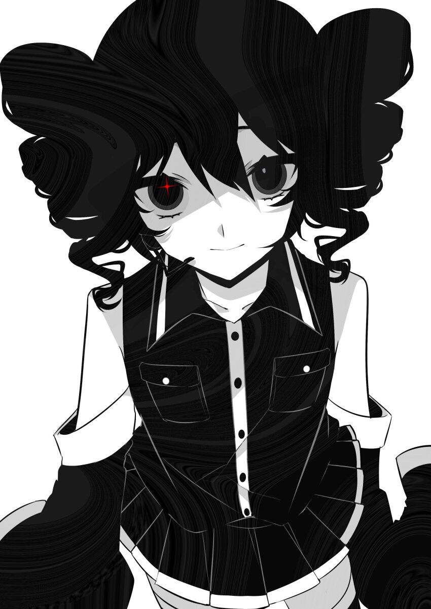 1girl, absurdres, bare_shoulders, breast_pocket, buttons, closed_mouth, collarbone, collared_shirt, commentary, cowboy_shot, detached_sleeves, drill_hair, greyscale, headphones, highres, kasane_teto, kasane_teto_(utau), looking_at_viewer, microphone, miniskirt, mizuame_(mi_rei_817), monochrome, pleated_skirt, pocket, shade, shirt, short_hair, simple_background, skirt, sleeves_past_fingers, sleeves_past_wrists, smile, solo, spot_color, thighhighs, twin_drills, unmoving_pattern, upturned_eyes, utau