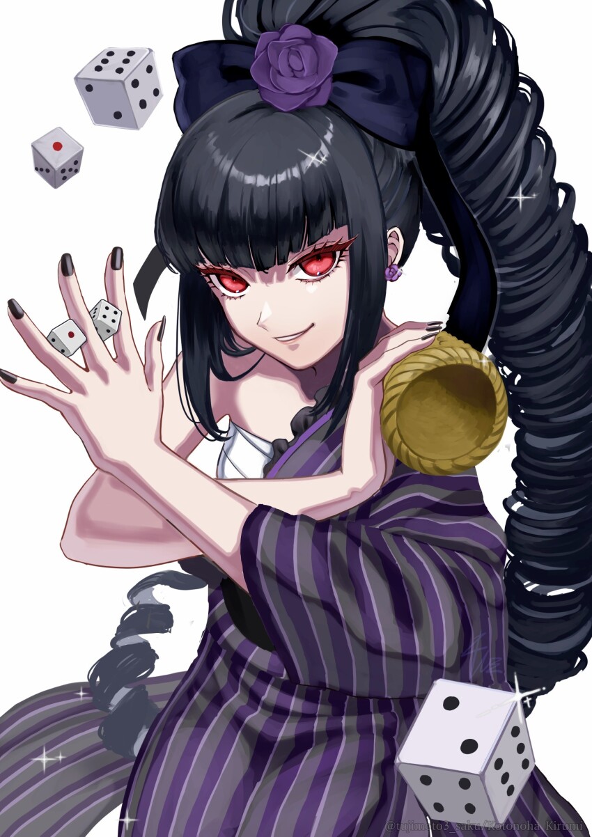 1girl, alternate_costume, black_bow, black_hair, black_nails, blunt_bangs, bow, celestia_ludenberg, danganronpa:_trigger_happy_havoc, danganronpa_(series), dice, earrings, flower, grin, hair_bow, hair_flower, hair_ornament, highres, japanese_clothes, jewelry, kimono, kusatakesi, long_hair, nail_polish, purple_flower, red_eyes, single_bare_shoulder, smile, solo, striped_clothes, striped_kimono, teeth