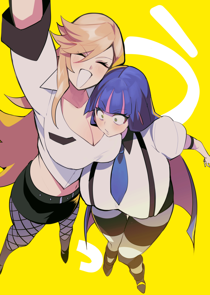 2girls, absurdres, blonde_hair, blue_hair, blush, breasts, cleavage, closed_eyes