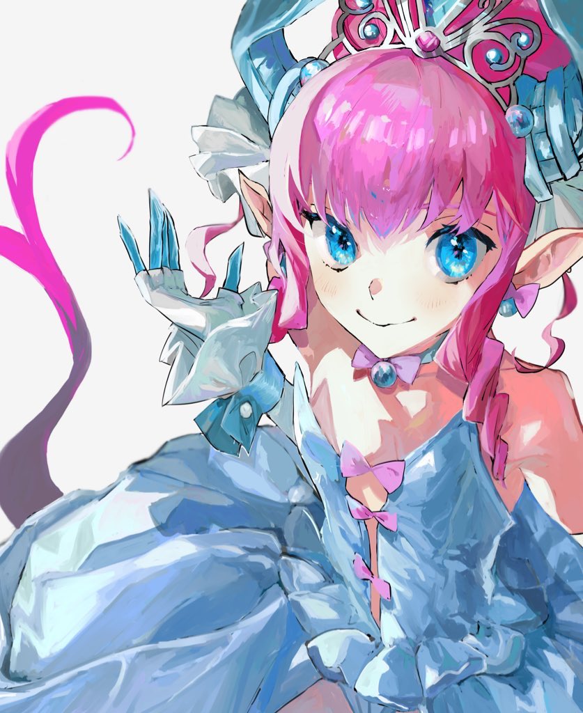 1girl, blue_dress, blue_eyes, blue_horns, blue_nails, bubble_skirt, claws, dress