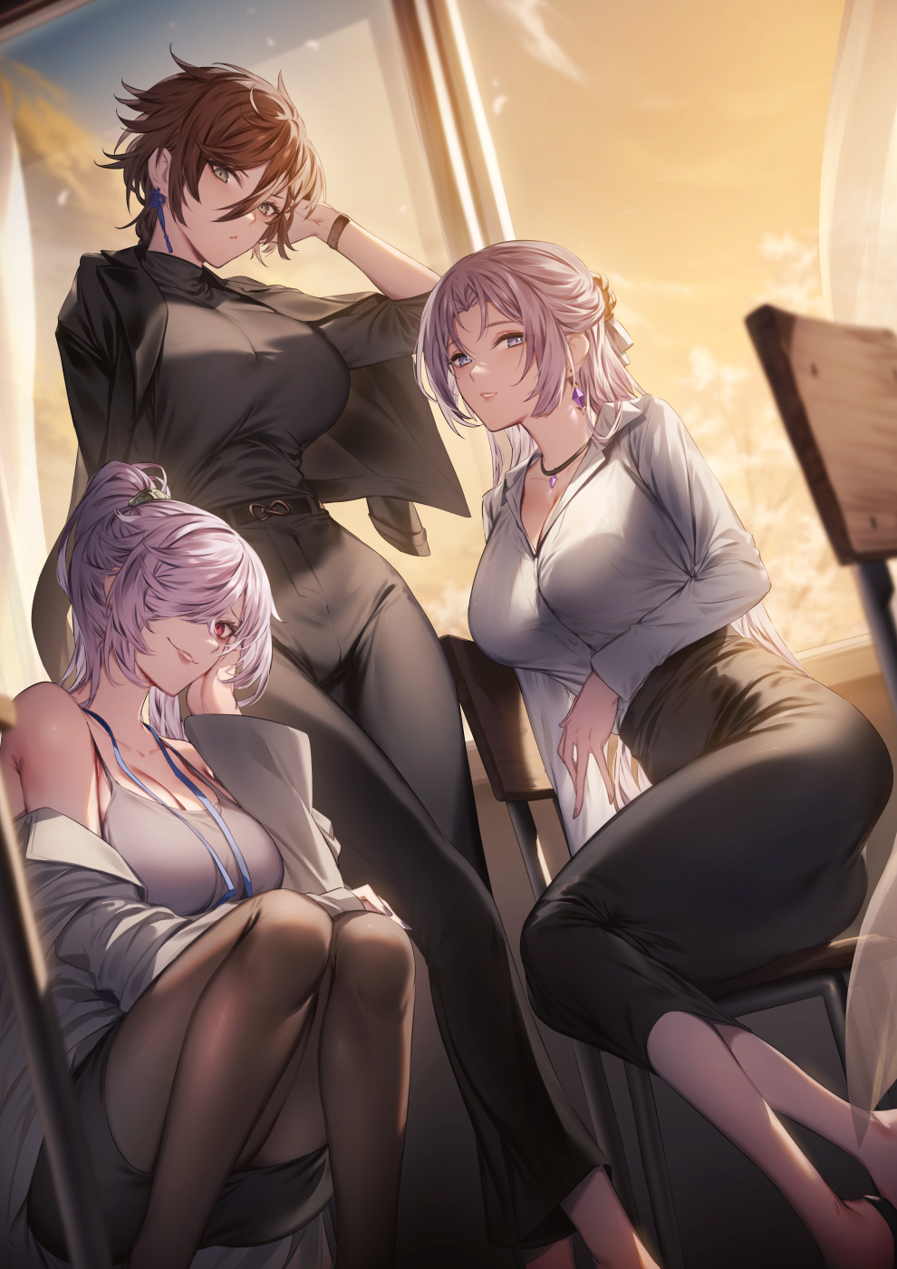 3girls, belt, black_belt, black_pants, black_pantyhose, black_shirt, black_skirt, blue_eyes, breasts, brown_hair, chair, classroom, cleavage, collared_shirt, desk, dress_shirt, earrings, from_below, genyaky, grey_eyes, hair_over_one_eye, half_updo, highres, id_card, indoors, jacket, jacket_on_shoulders, jewelry, lab_coat, lanyard, large_breasts, long_hair, long_skirt, looking_at_viewer, mature_female, miniskirt, multiple_girls, necklace, orient_arcadia, pants, pantyhose, pink_hair, ponytail, red_eyes, school_chair, school_desk, shirt, shirt_tucked_in, short_hair, sitting, skirt, smile, squatting, standing, tank_top, teacher, wang_yi_(orient_arcadia), white_shirt, window, zhang_chunhua_(orient_arcadia), zhen_ji_(orient_arcadia)