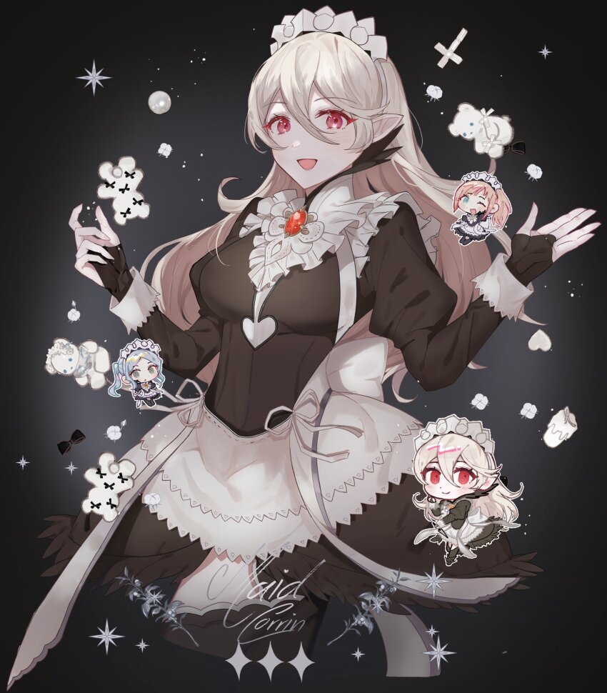 3girls, alternate_costume, apron, aqua_eyes, black_dress, black_gloves, black_thighhighs, blue_hair