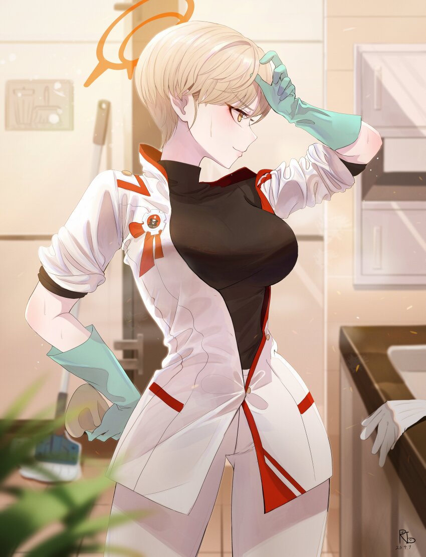 1girl, absurdres, black_shirt, blue_archive, blurry, cleaning, commentary_request, depth_of_field