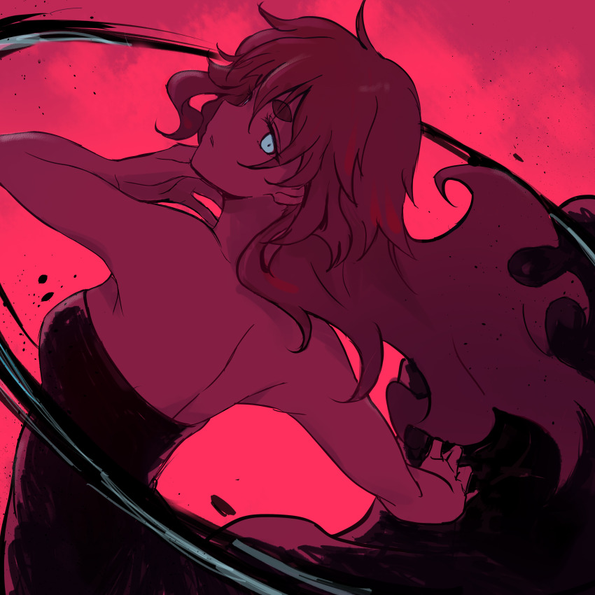 1girl, absurdres, blue_eyes, dress, from_behind, gundam, gundam_suisei_no_majo, hair_down, highres, long_hair, looking_back, maromi_(am97), red:birthmark_(song), red_background, red_hair, red_theme, strapless, strapless_dress, suletta_mercury, thick_eyebrows