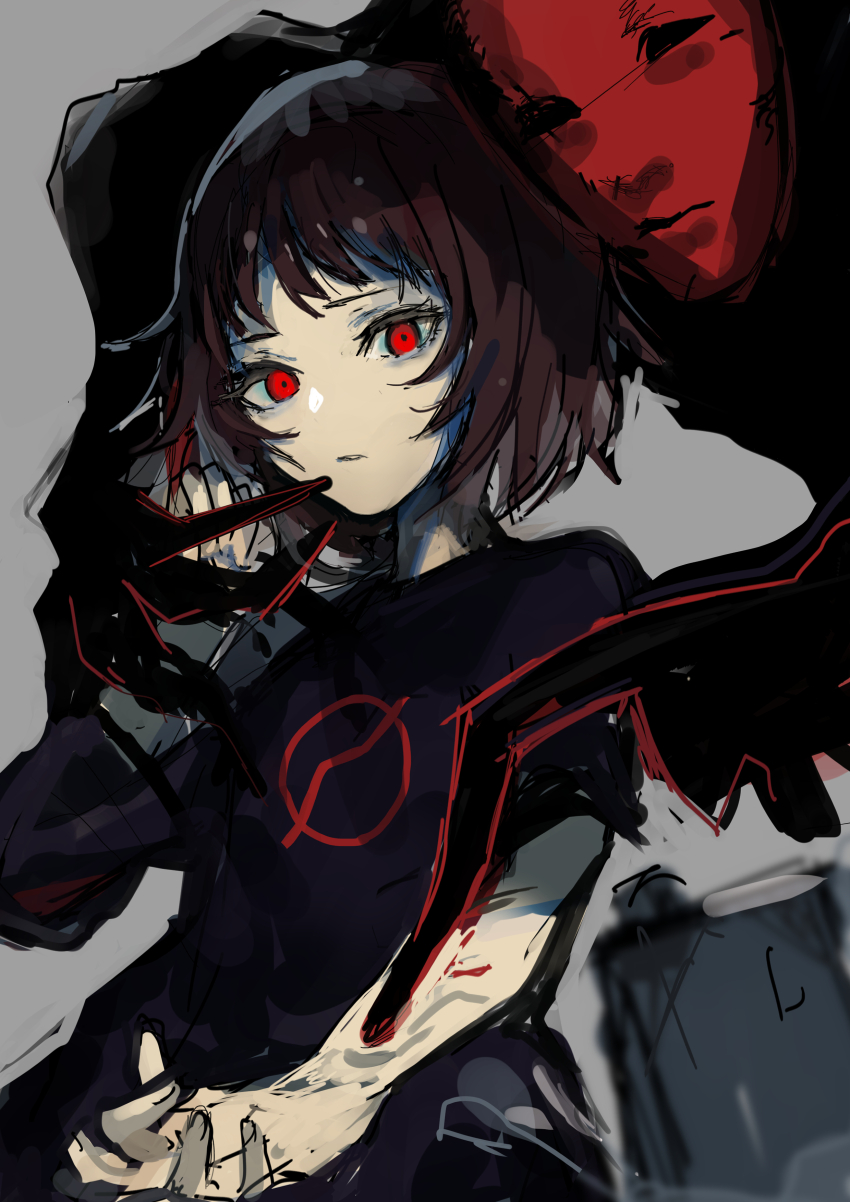 1girl, 1other, absurdres, arm_up, brown_hair, chuhaibane, grey_background, highres, horror_(theme), looking_at_viewer, mask, medium_hair, milk-chan_(milk_series), milk_inside_a_bag_of_milk_inside_a_bag_of_milk, mother_(milk_series), mother_and_child, mother_and_daughter, multiple_girls, pale_skin, parent_and_child, pointing, purple_shirt, red_eyes, red_mask, shirt, simple_background, tagme, upper_body