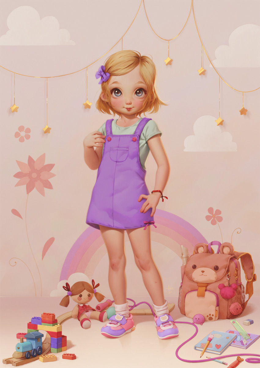 1girl, absurdres, alkemanubis, backpack, bag, blonde_hair, blue_eyes, blush, book, bow, bracelet, child, doll, dress, eraser, female_focus, flower, full_body, green_shirt, hair_bow, hair_ornament, highres, jewelry, looking_at_viewer, pencil, pink_shoes, purple_dress, rainbow, shirt, shoes, short_hair, short_sleeves, skirt, sleeveless, sleeveless_dress, sneakers, socks, solo, standing, star_(symbol), toy, toy_train, white_socks