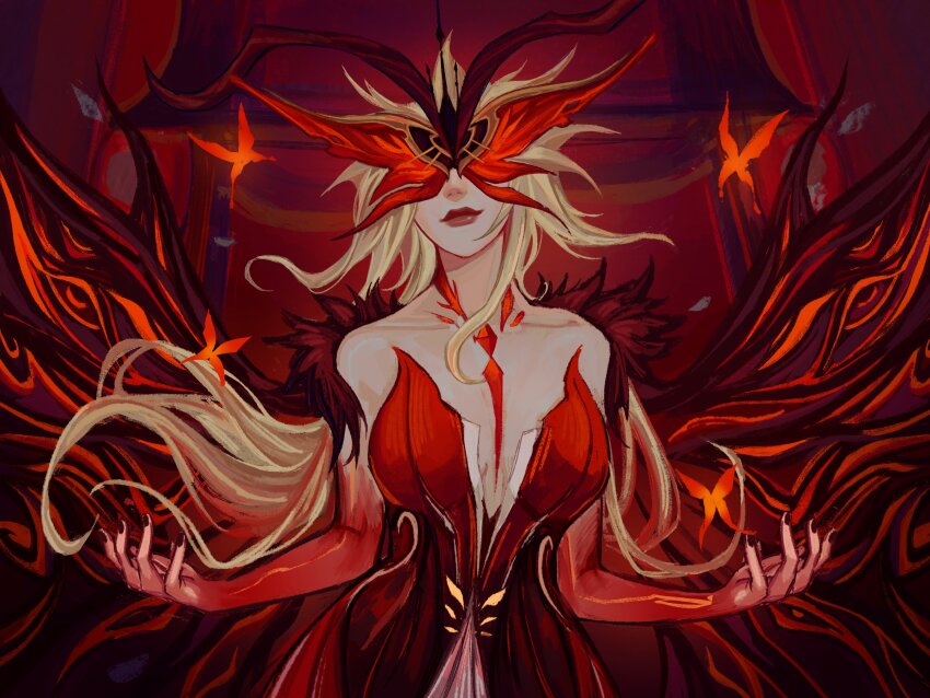 1girl, absurdres, black_nails, blonde_hair, bug, butterfly, butterfly_mask, closed_mouth