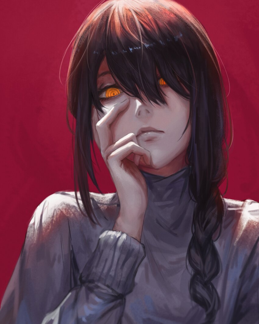 1girl, absurdres, black_hair, braid, chainsaw_man, demon, demon_girl, expressionless