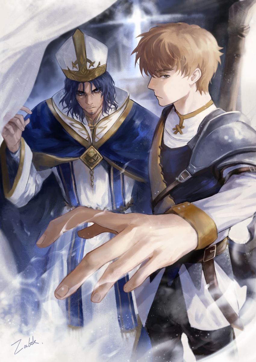 2boys, absurdres, akkking, alger_wilson, black_pants, blonde_hair, blue_cape, blue_eyes