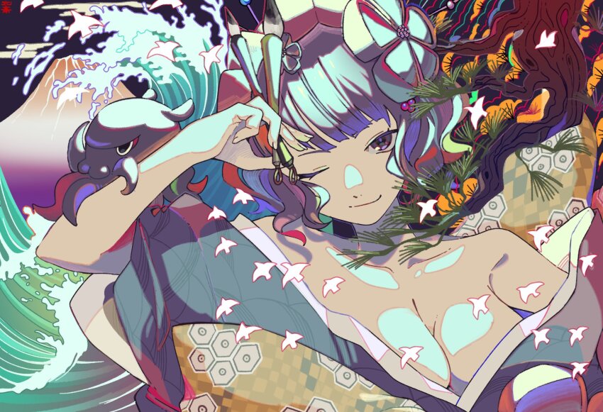 breasts, cleavage, commentary_request, fate/grand_order, fate_(series), fine_art_parody, flower, hair_flower