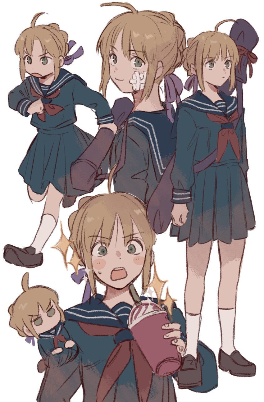 ahoge, artoria_pendragon_(fate), bandage_on_face, bandages, blonde_hair, blue_serafuku, blue_shirt, blue_skirt