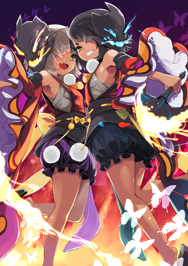 2girls, armpits, asymmetrical_bangs, axe, ayaha_(dragalia_lost), bare_shoulders, bug, butterfly, dragalia_lost, fang, fire, green_eyes, hair_over_one_eye, holding, holding_axe, insect, japanese_clothes, leg_up, looking_at_viewer, mask, mask_on_head, multiple_girls, otoha_(dragalia_lost), short_hair, skin_fang, smile, teeth, yuu_(kfc)