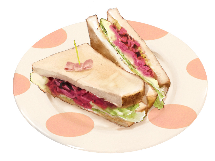 food, food_focus, hacotan_(hakoniworks), highres, lettuce, no_humans, original, plate, potato, roast_beef, sandwich, simple_background, still_life, toothpick, white_background