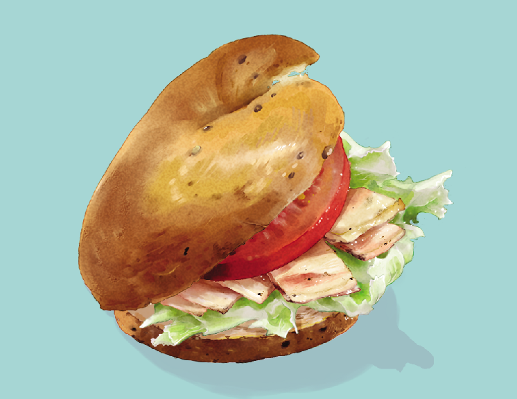 aqua_background, food, food_focus, hacotan_(hakoniworks), lettuce, meat, no_humans, original