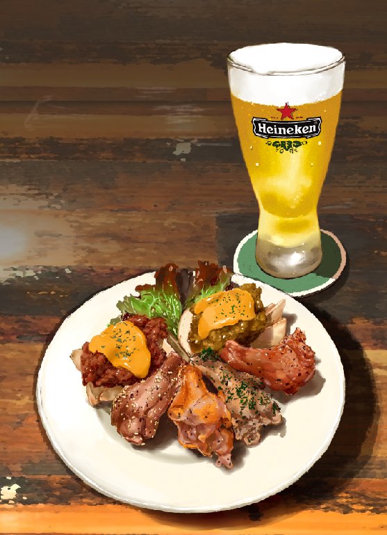 alcohol, beer, cheese, chicken_(food), food, food_focus, fried_chicken, hacotan_(hakoniworks), meat, no_humans, original, plate, shadow, still_life