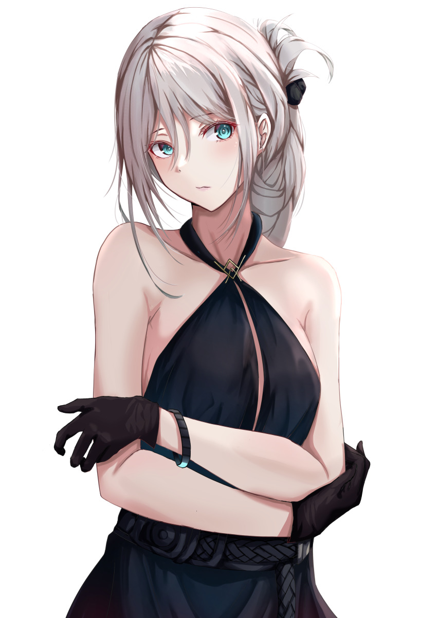 1girl, absurdres, an-94_(girls'_frontline), bare_shoulders, black_dress, black_gloves, blue_eyes, closed_mouth
