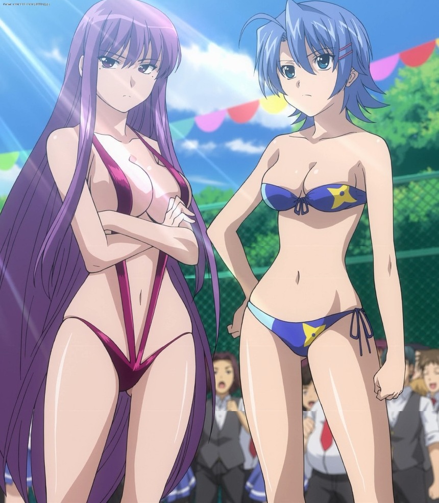 2girls, ahoge, angry, anime_screenshot, bandeau, bikini, blue_eyes, blue_hair, breasts, cleavage, crossed_arms, etou_fujiko, hair_ornament, hairclip, hand_on_own_hip, hattori_junko, hip_focus, ichiban_ushiro_no_daimaou, large_breasts, long_hair, midriff, mole, mole_under_each_eye, mole_under_eye, multiple_girls, multiple_moles, navel, purple_eyes, purple_hair, serious, short_hair, slingshot_swimsuit, stitched, strapless, strapless_bikini, sunlight, swimsuit, third-party_edit, very_long_hair, watermark
