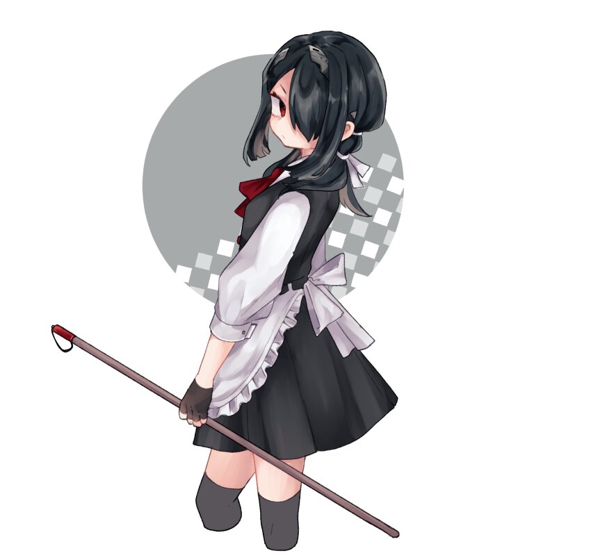 1girl, alternate_costume, apron, black_gloves, black_hair, black_skirt, black_thighhighs, black_vest, breasts, closed_mouth, cropped_legs, fingerless_gloves, frilled_apron, frills, gloves, hair_over_one_eye, hair_ribbon, headgear, highres, holding, kantai_collection, kumano_maru_(kancolle), long_sleeves, looking_at_viewer, mattan_kanpa, red_eyes, ribbon, shirt, simple_background, skirt, small_breasts, solo, thighhighs, vest, waist_apron, white_apron, white_shirt