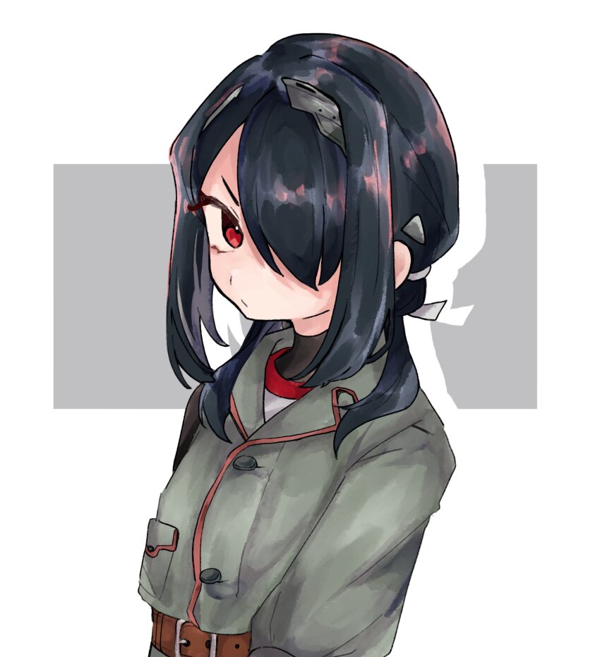1girl, black_hair, closed_mouth, green_jacket, hair_over_one_eye, hair_ribbon, headgear, highres