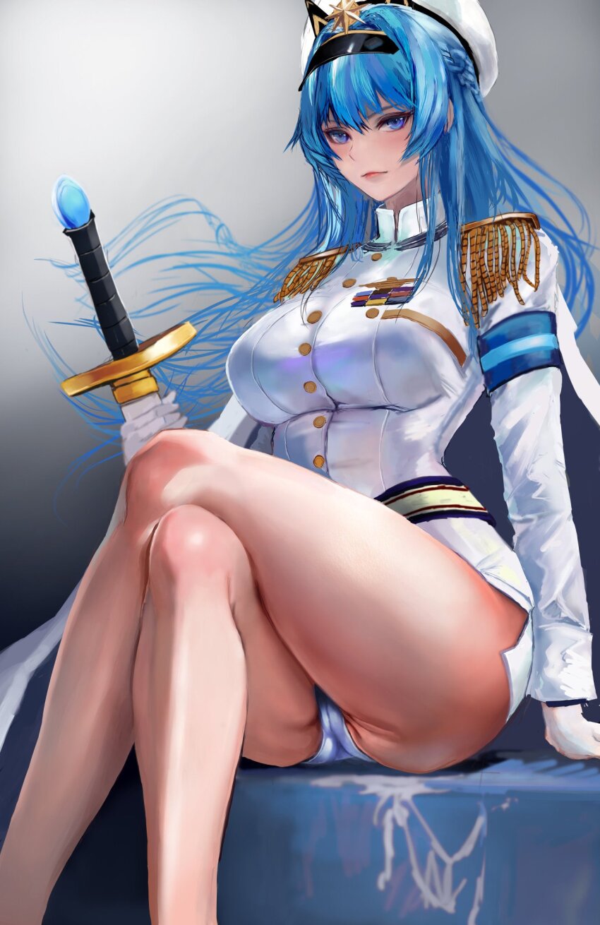 1girl, armband, ass, badge, blue_armband, blue_eyes, blue_hair, braid