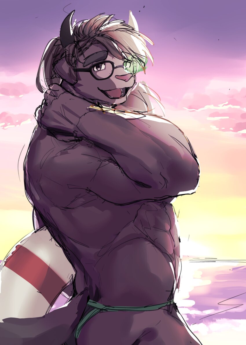 1boy, absurdres, animal_ears, animal_nose, bara, beach, brown_hair, catoblepas_(housamo)