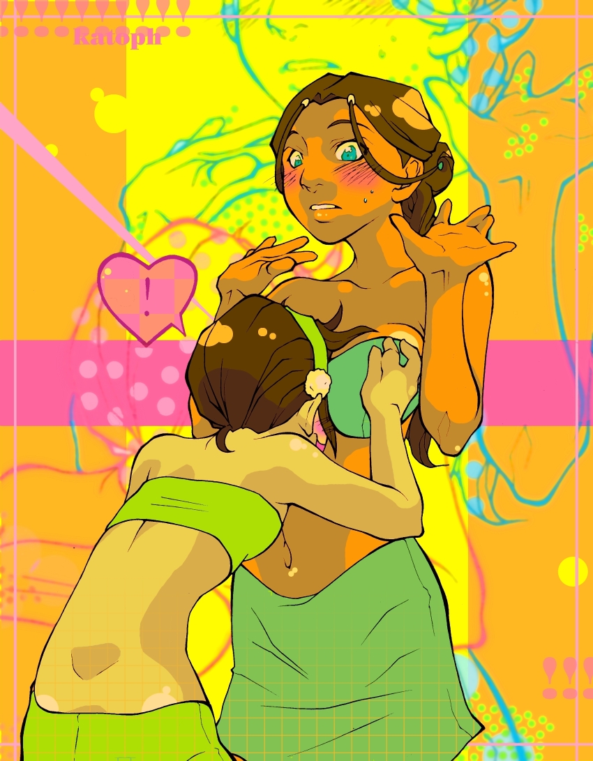 2girls, absurdres, avatar:_the_last_airbender, avatar_legends, between_breasts, blue_eyes, blush, breasts, brown_hair, dark-skinned_female, dark_skin, face_between_breasts, head_between_breasts, heart, highres, katara, medium_breasts, multiple_girls, navel, small_breasts, toph_beifong, yuri, yutaan