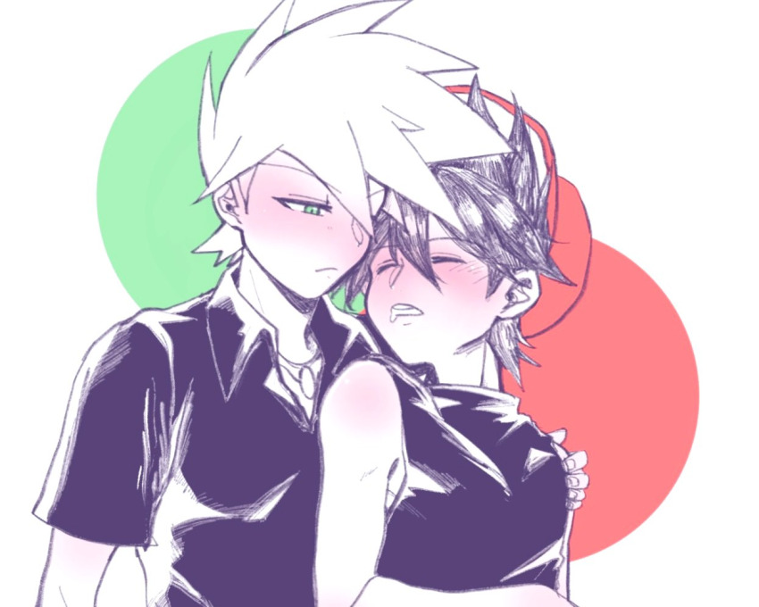 2boys, blue_oak, blush, ca_pkmn, drooling, drunk, green_eyes, leaning_on_person