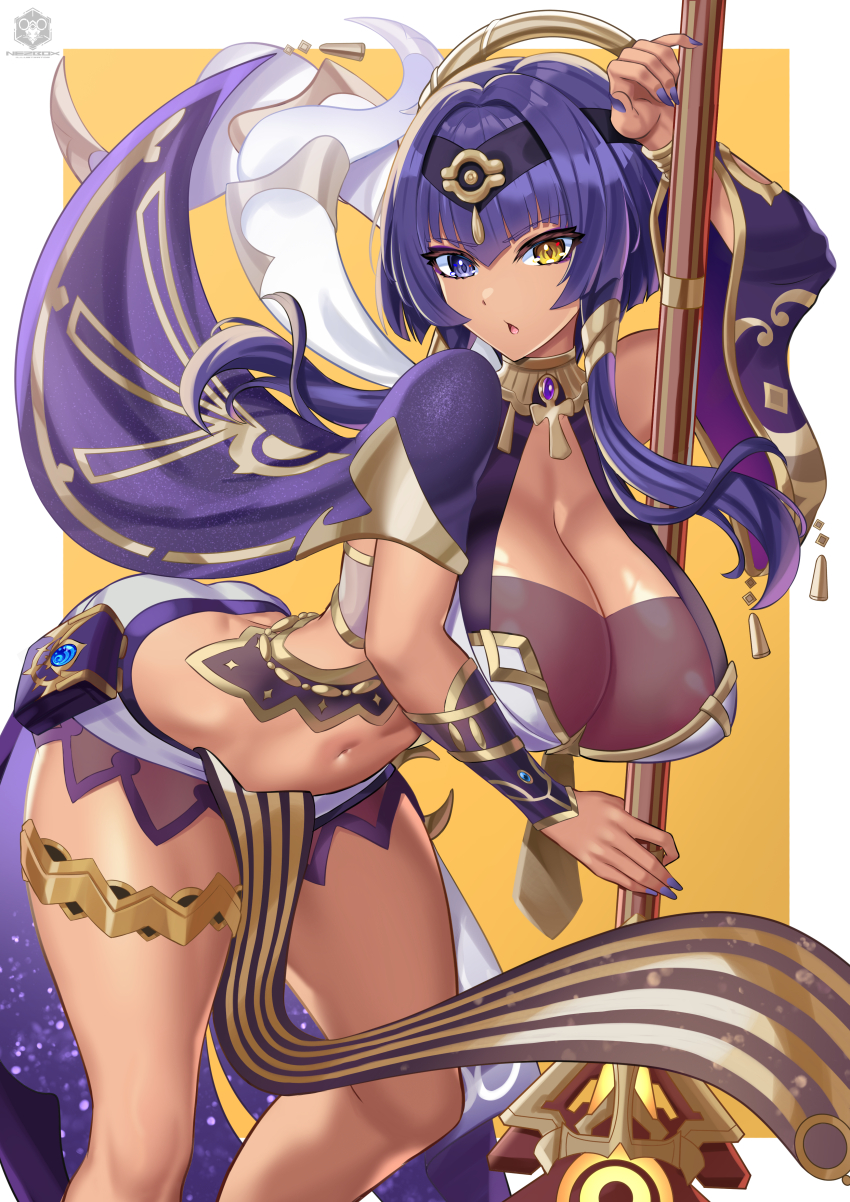 1girl, absurdres, ass, blue_eyes, blue_hair, breasts, candace_(genshin_impact), cleavage, ancient_egyptian_clothes, genshin_impact, heterochromia, highres, huge_breasts, looking_at_viewer, navel, nez-box, open_mouth, paid_reward_available, polearm, revealing_clothes, short_hair, short_hair_with_long_locks, solo, staff_of_the_scarlet_sands_(genshin_impact), weapon, yellow_eyes